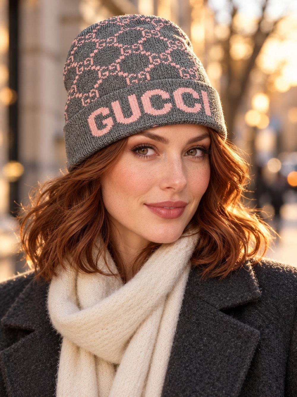 Gray & Pink Logo Knit Beanie